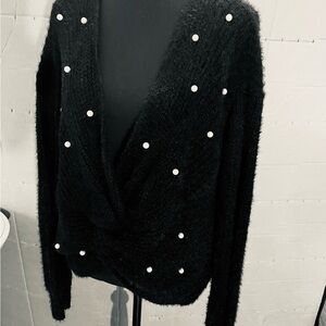 No Boundaries Black V-Neck Sweater with Pearl Accents